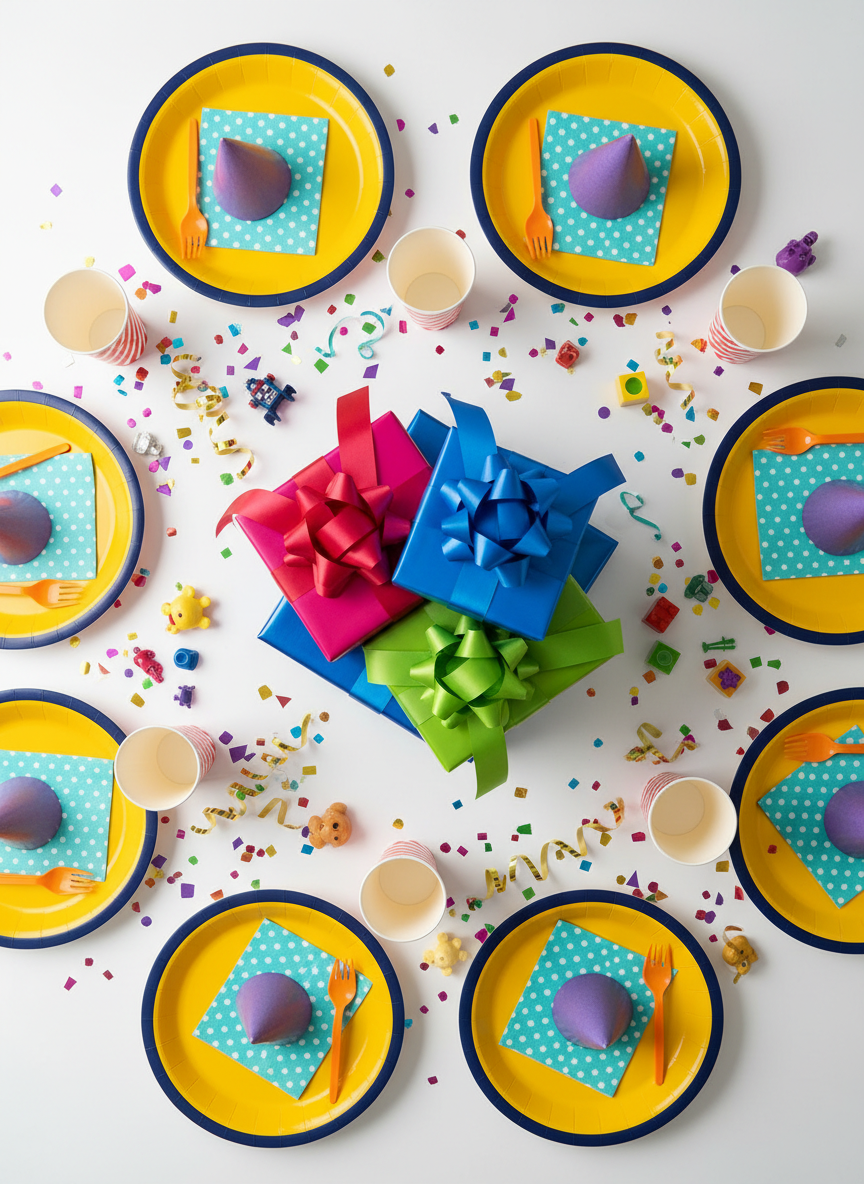 An overhead, photographic view of a perfectly arranged birthday party table styled in bold, playful colors. A circular centerpiece of stacked gift boxes with glossy wrapping and oversized bows anchors the scene, surrounded by coordinated paper plates, striped cups, and polka-dot napkins. A scattering of confetti, curled ribbons, and small toy-like decorations fill the gaps between settings. Diffused natural daylight from above creates soft, even lighting with minimal shadows, emphasizing the textures of paper, ribbon, and shiny packaging. The mood is energetic yet tidy, ideal for showcasing event planning. The composition uses a strong top-down perspective with symmetrical balance, sharp focus across the frame, and a clean, photographic realism that feels modern and fun.