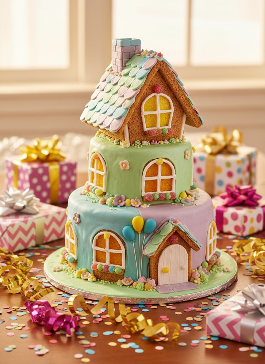 A vibrant, multi-tiered birthday cake shaped like a whimsical gingerbread cottage, with glossy pastel icing, candy windows, and tiny fondant balloons clustered around the door. The cake sits on a polished wooden dessert table scattered with colorful confetti, metallic streamers, and neatly wrapped gift boxes in playful patterns. Soft, golden hour sunlight flows through an unseen window, creating gentle highlights on the icing and subtle reflections on foil ribbons. Photographic realism with a bright, saturated palette. Shot at eye level with a shallow depth of field, the cake is in crisp focus while the background blurs into a dreamy bokeh of party decorations, conveying a joyful, anticipatory atmosphere perfect for a birthday event website.