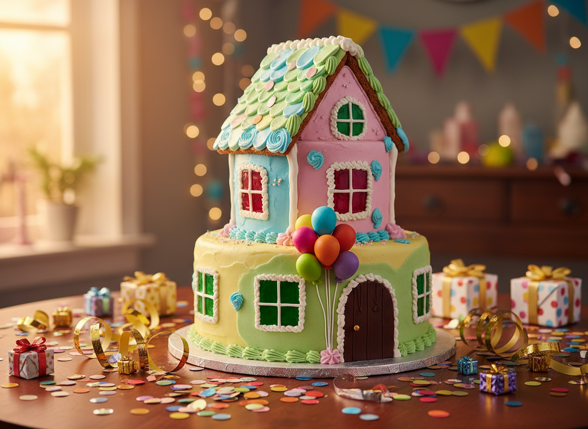 A vibrant, multi-tiered birthday cake shaped like a whimsical gingerbread cottage, with glossy pastel icing, candy windows, and tiny fondant balloons clustered around the door. The cake sits on a polished wooden dessert table scattered with colorful confetti, metallic streamers, and neatly wrapped gift boxes in playful patterns. Soft, golden hour sunlight flows through an unseen window, creating gentle highlights on the icing and subtle reflections on foil ribbons. Photographic realism with a bright, saturated palette. Shot at eye level with a shallow depth of field, the cake is in crisp focus while the background blurs into a dreamy bokeh of party decorations, conveying a joyful, anticipatory atmosphere perfect for a birthday event website.
