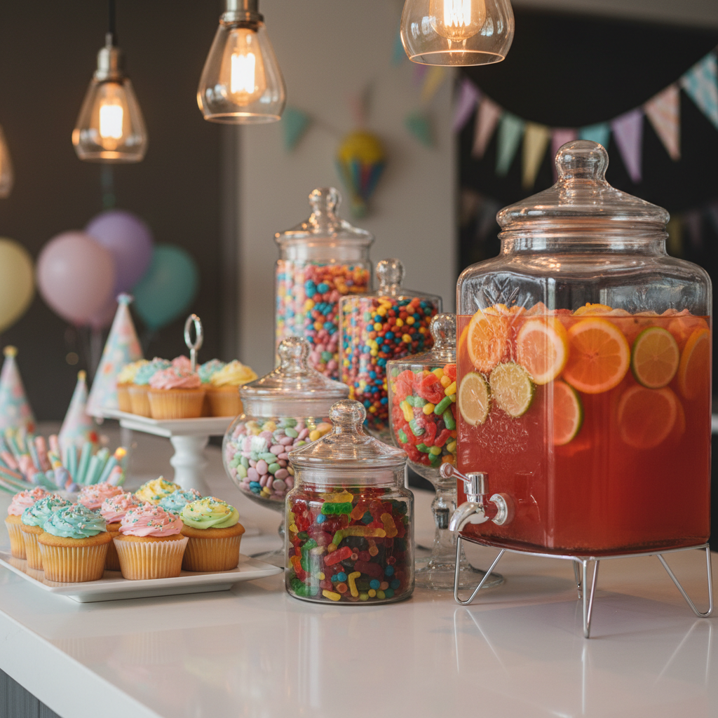 A close-up, photographic shot of a playful birthday dessert bar featuring an array of colorful treats laid out on a glossy white counter. There are tall glass jars filled with rainbow candies, neatly lined cupcakes with swirled frosting and tiny star sprinkles, and a clear drink dispenser filled with a bright fruit punch, garnished with citrus slices. Soft, warm pendant lighting from above casts gentle highlights on the glass surfaces and creates inviting reflections on the countertop. The background is softly blurred, hinting at more decorations in pastel colors. Captured from a slightly elevated angle with a shallow depth of field, the image feels festive, modern, and delightfully indulgent, perfectly matching a playful birthday event theme.
