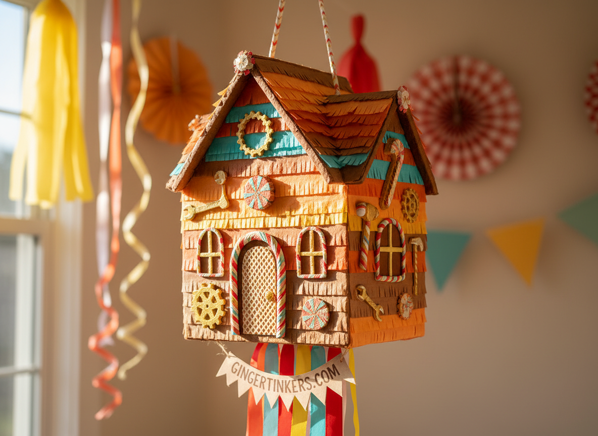 A whimsically styled birthday piñata shaped like a gingerbread tinkerer’s workshop, crafted from textured crepe paper in warm browns, oranges, and cheerful accent colors. Tiny illustrated gears, candy tools, and miniature doors decorate its sides. The piñata hangs mid-frame against a softly blurred backdrop of streamers, paper fans, and bunting in matching hues. Natural afternoon light streams from the side, creating a gentle rim light around the piñata and allowing the layered paper textures to stand out. Photographic realism with a bright, storybook charm. Captured from a slightly low angle to emphasize the piñata’s importance, the scene feels imaginative, playful, and tailor-made for a unique, characterful birthday events website like gingertinkers.com.