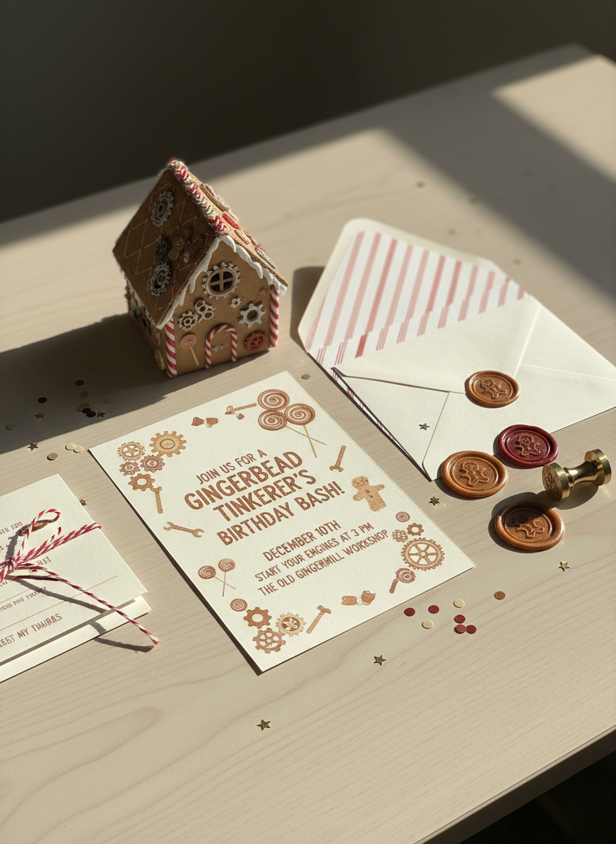 An intimate close-up of a birthday invitation suite laid out on a smooth, pale wooden surface, designed with a playful gingerbread tinkerer theme. The main card features illustrated gears, balloons, and whimsical tools in warm ginger and candy colors, with matching envelopes lined in striped paper. Confetti sprinkles, wax seal stamps, and a tiny, handcrafted cardboard gingerbread house centerpiece complete the arrangement. Soft morning window light washes across the scene from the left, creating subtle shadows that highlight the textures of thick cardstock and ribbon ties. Photographic realism with a cozy, handcrafted mood. Shot from a slightly elevated angle using the rule of thirds, the composition feels organized yet fun, perfect for showcasing custom birthday event details.