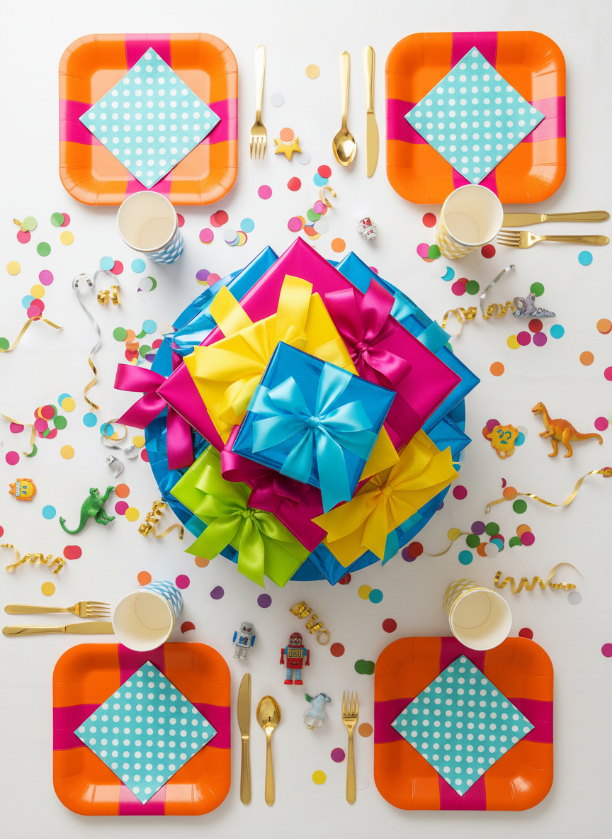 An overhead, photographic view of a perfectly arranged birthday party table styled in bold, playful colors. A circular centerpiece of stacked gift boxes with glossy wrapping and oversized bows anchors the scene, surrounded by coordinated paper plates, striped cups, and polka-dot napkins. A scattering of confetti, curled ribbons, and small toy-like decorations fill the gaps between settings. Diffused natural daylight from above creates soft, even lighting with minimal shadows, emphasizing the textures of paper, ribbon, and shiny packaging. The mood is energetic yet tidy, ideal for showcasing event planning. The composition uses a strong top-down perspective with symmetrical balance, sharp focus across the frame, and a clean, photographic realism that feels modern and fun.