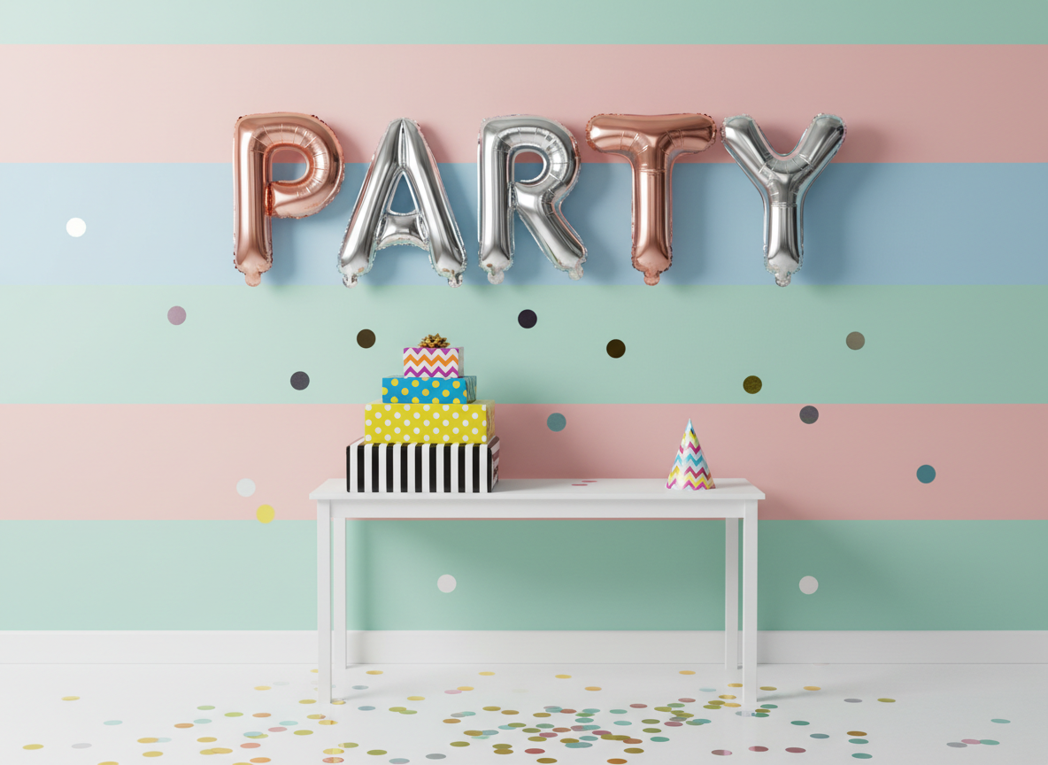 A playful arrangement of oversized, metallic birthday balloons forming the word “PARTY,” floating against a clean, pastel-colored wall. Below, a minimalist console table holds a neatly stacked tower of differently sized gift boxes wrapped in bold patterns—stripes, polka dots, and chevrons—in vivid, complementary colors. A scattering of confetti and a single, quirky party hat rest on the tabletop. Soft studio lighting illuminates the scene evenly, creating gentle reflections on the shiny balloon surfaces and crisp shadows beneath the boxes. Photographic realism with a vibrant, graphic feel. Framed at eye level with the composition centered on the balloons and gifts, the atmosphere is upbeat, modern, and slightly cheeky, perfect for a playful birthday brand identity.